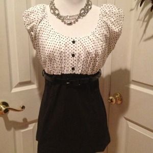 Belted black and white polka dot short sleeve top